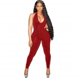 Red Deep V-Neck Mesh Silk Bodycon Sexy Jumpsuit