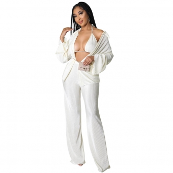White Long Sleeve Sexy Bra 3PCS Women Fashion Catsuit Dress Sets