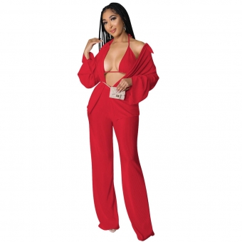 Red Long Sleeve Sexy Bra 3PCS Women Fashion Catsuit Dress Sets