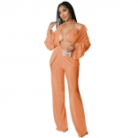 Orange Long Sleeve Sexy Bra 3PCS Women Fashion Catsuit Dress Sets