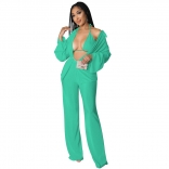 Green Long Sleeve Sexy Bra 3PCS Women Fashion Catsuit Dress Sets