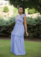 LightBlue Sleeveless Deep V-Neck Fashion Women Foral Maxi Jersey Dress