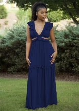 Blue Sleeveless Deep V-Neck Fashion Women Foral Maxi Jersey Dress