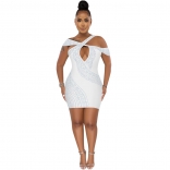 White Halter Sleeveless Rhinestone Deep V-Neck Sexy Bodycon Mini Club Dress