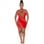 Red Halter Sleeveless Rhinestone Deep V-Neck Sexy Bodycon Mini Club Dress