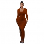 Red Bodycon Long Sleeve Low-Cut Sexy Party Women Long Dress