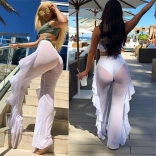 White Women See-through Pants Bikini Cover Up Mesh Ruffle Bottoms