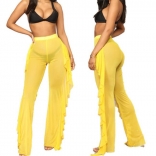 Yellow Women See-through Pants Bikini Cover Up Mesh Ruffle Bottoms