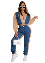Khaki Long Sleeve Zipper Jeans Fashion Women Hoody Dress