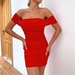 Red Off-Shoulder Mesh Bodycon Women Sexy Mini Dress
