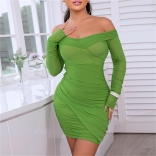 Green Long Sleeve Low-Cut Mesh Bodycon Mini Dress