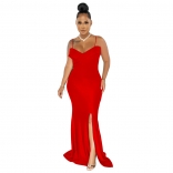 Red Sleeveless Halter Low-Cut V-Neck Bodycon Maxi Dress