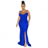 Blue Sleeveless Halter Low-Cut V-Neck Bodycon Maxi Dress