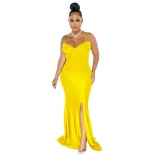Yellow Sleeveless Halter Low-Cut V-Neck Bodycon Maxi Dress