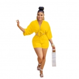 Yellow Seven Sleeve Deep V-Neck Fashion Women Short Sets