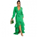 Green Long Sleeve Deep V-Neck Foral Women Fashion Maxi Jersey Dress