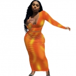 Orange Long Sleeve V-Neck Printed 2PCS Women Midi Dress
