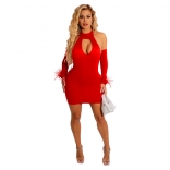 Red Long Sleeve Backless Hollow-out Bodycon Mini Dress