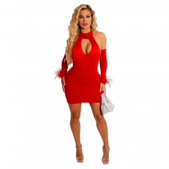 Red Long Sleeve Backless Hollow-out Bodycon Mini Dress