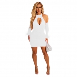 White Long Sleeve Backless Hollow-out Bodycon Mini Dress