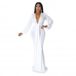 White Long Sleeve Deep V-Neck Fashion Women Evening Long Dress