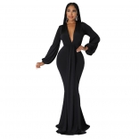 Black Long Sleeve Deep V-Neck Fashion Women Evening Long Dress