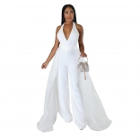 White Sleeveless Halter V-Neck Fashion Women Jumpsuit Slit Skirt Dress