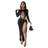 Black Long Sleeve Hollow-out Bandage Sexy Women Party Dress