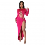 Red Long Sleeve Hollow-out Bandage Sexy Women Party Dress
