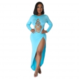 SkyBlue Long Sleeve Hollow-out Bandage Sexy Women Party Dress