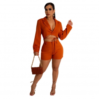 OrangeRed Long Sleeve Deep V-Neck Fashion OL Women Short Sets