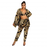 Yellow Long Sleeve Printed Fashion Women Party Catsuit Dress