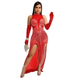 Red Sleeveless Mesh Deep V-Neck Rhinestone Slit Sexy Evening Long Dress