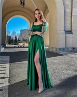 Green Mesh Long Sleeve Halter Low-Cut Fashion Women Jersey LonG Dress