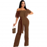 Brown Off-Shoulder Hollow-out Lace Bodycon Women Sexy Jumpsuit