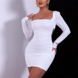 White Mesh Long Sleeve Boat-Neck Backless Bodycon Mini Dress