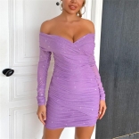 Purple Low-Cut Deep V-Neck Mesh Bandage Sexy Party Dress