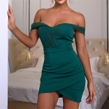 Green Low-Cut V-Neck Bodycon Women Party Mini Dress
