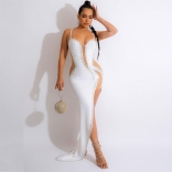 White Sleeveless Halter Deep V-Neck Mesh Rhinestone Bodycon Sexy Maxi Dress