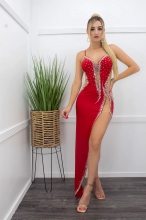 Red Sleeveless Halter Deep V-Neck Mesh Rhinestone Bodycon Sexy Maxi Dress