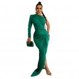 Green One Lone Sleeve Slant Shoulder Pleated Solid Long Dress