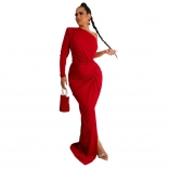 Red One Lone Sleeve Slant Shoulder Pleated Solid Long Dress