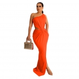 Orange Sexy Open Waist Slant shoulder long skirt Solid Sleeveless Pleated Dress