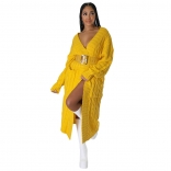 Yellow Women's Fashion Sexy Casual Long Sleeve Long Sweater Coat