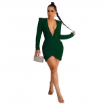 Green Long Sleeve Deep V-Neck Pleated Bodycon Party Mini Dress