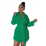 Green New Fashion Pleated Long Sleeve Waist Closed Shirt Belt Dress