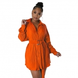 Orange New Fashion Pleated Long Sleeve Waist Closed Shirt Belt Dress