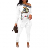 White Off-Shoulder Striped Printed Women Bodycon Fashion Sexy Jumpsuit