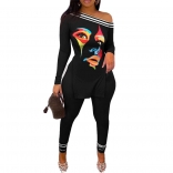 Black Off-Shoulder Striped Printed Women Bodycon Fashion Sexy Jumpsuit