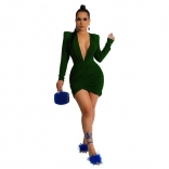 Green Deep V-Neck Long Sleeve Velvet Silk Bodycon Sexy Mini Dress